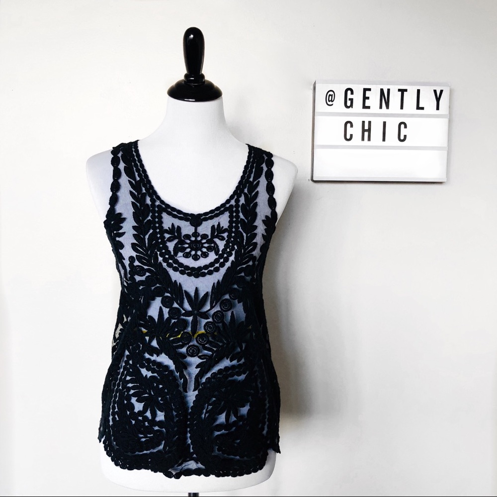 Silence+Noise Embroidery Black Tank-top Mesh Small